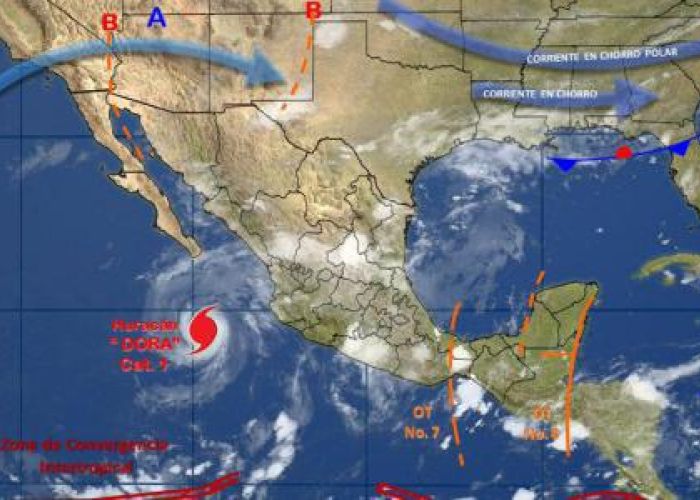  el Servicio Meteorológico Nacional señaló que 'Dora' se ubicaba a 405 kilómetros al oeste-suroeste de Cabo Corrientes en Jalisco y a 460 kilómetros al sur de Cabo San Lucas.