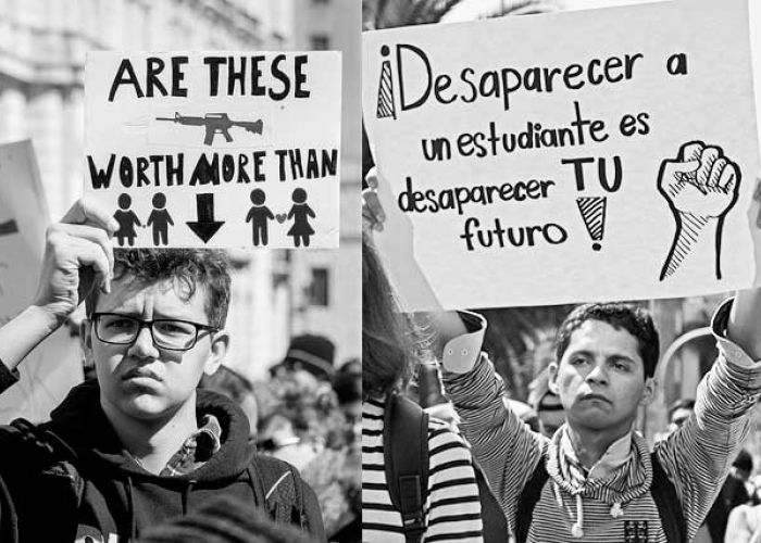 En Guadalajara se marchó por encontrar a los estudiantes desaparecidos y en Washington por protegerlos de las armas