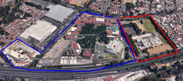 En azul los terrenos actuales del Tec, en rojo los nuevos terrenos.  Fuente: Elaboración propia con cartografía de Google Earth