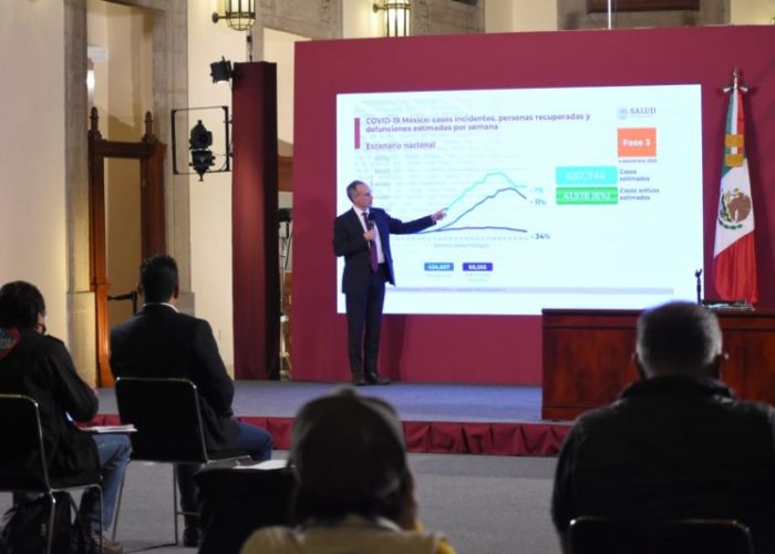 El vocero del gobierno federal, Hugo López-Gatell, en conferencia de prensa sobre la evolución de la pandemia en México, el viernes 4 de septiembre (Foto: SSalud_Mx)